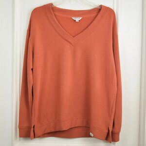 Orvis Pullover Popover Top Women Medium V Neck Orange Cozy Long Sleeve Unisex